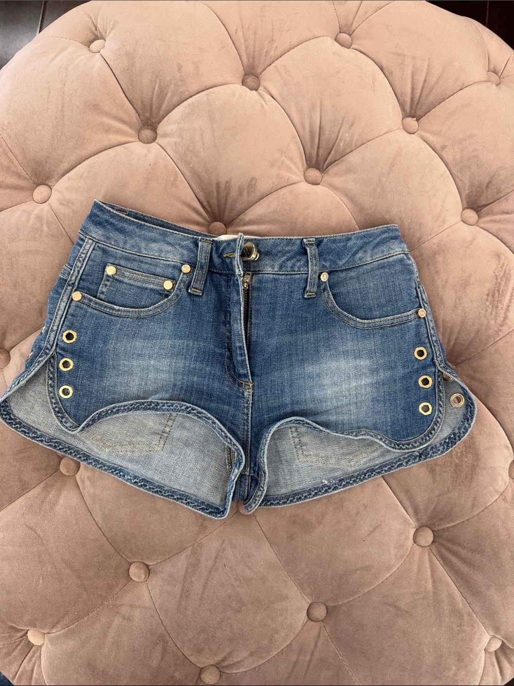 High-Rise Blue Denim Eyelet-Trim Jean Shorts